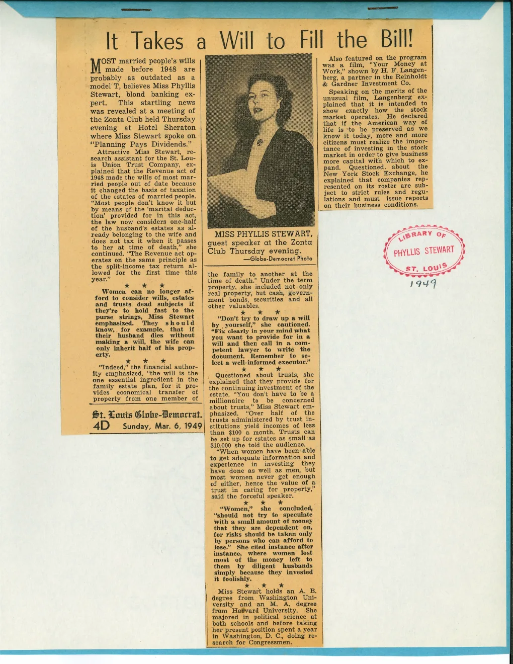 A 1949 newspaper profile of Phyllis Schlafly