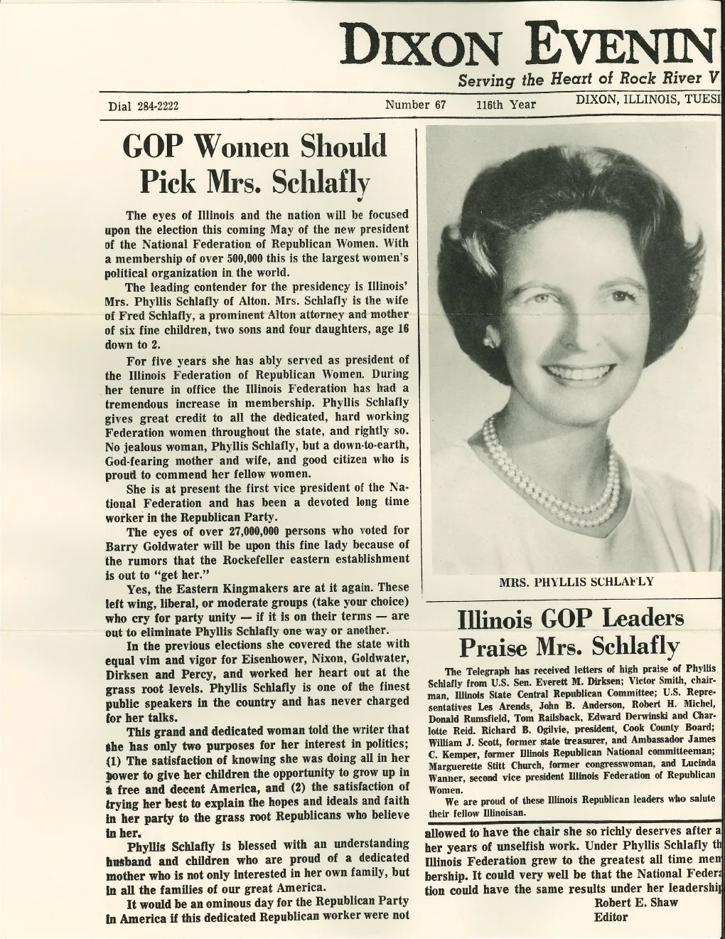 A newspaper clipping covering Phyllis Schlafly's national leadership campaign