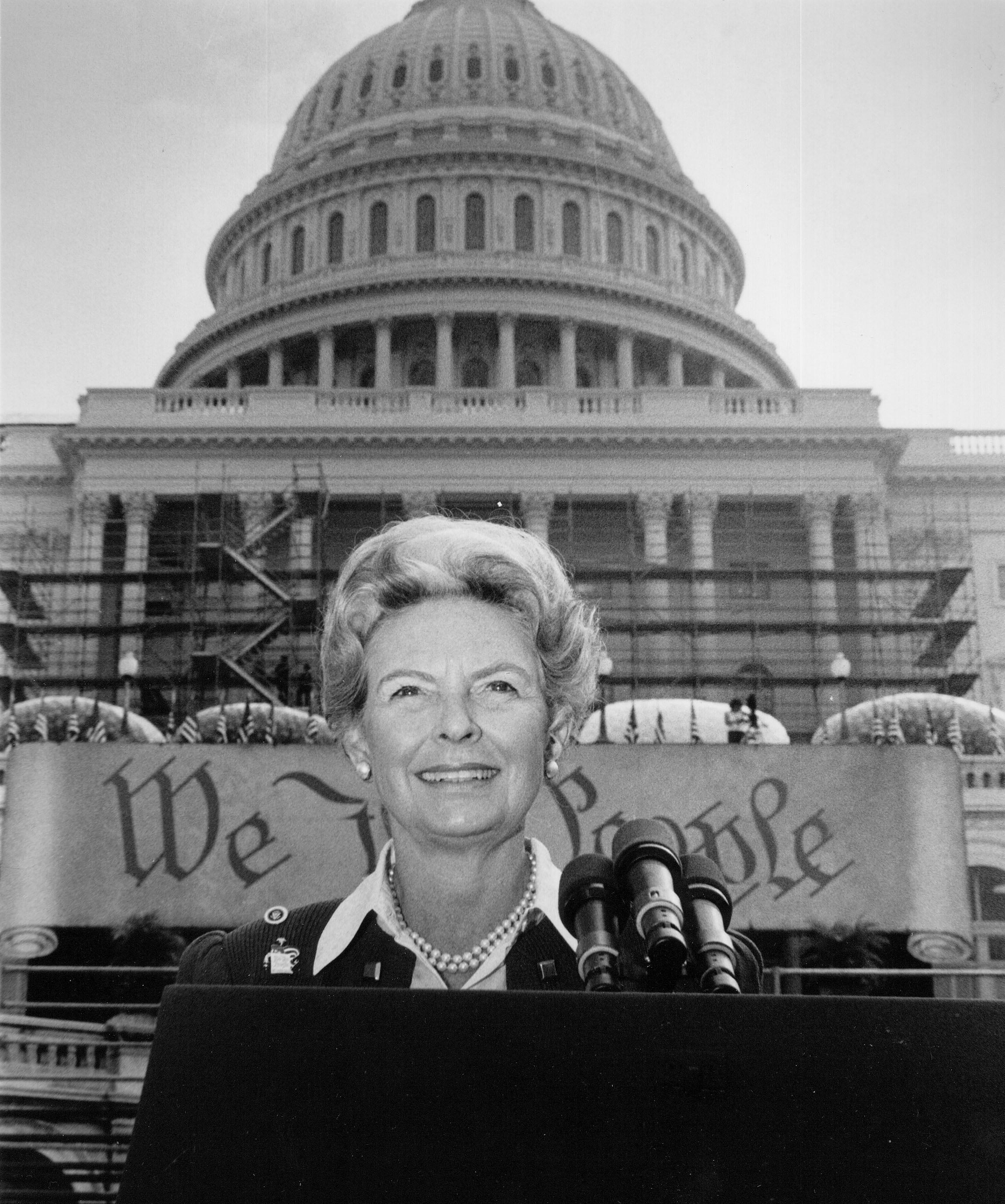 Phyllis Schlafly at the U.S. Capitol with a We the People banner