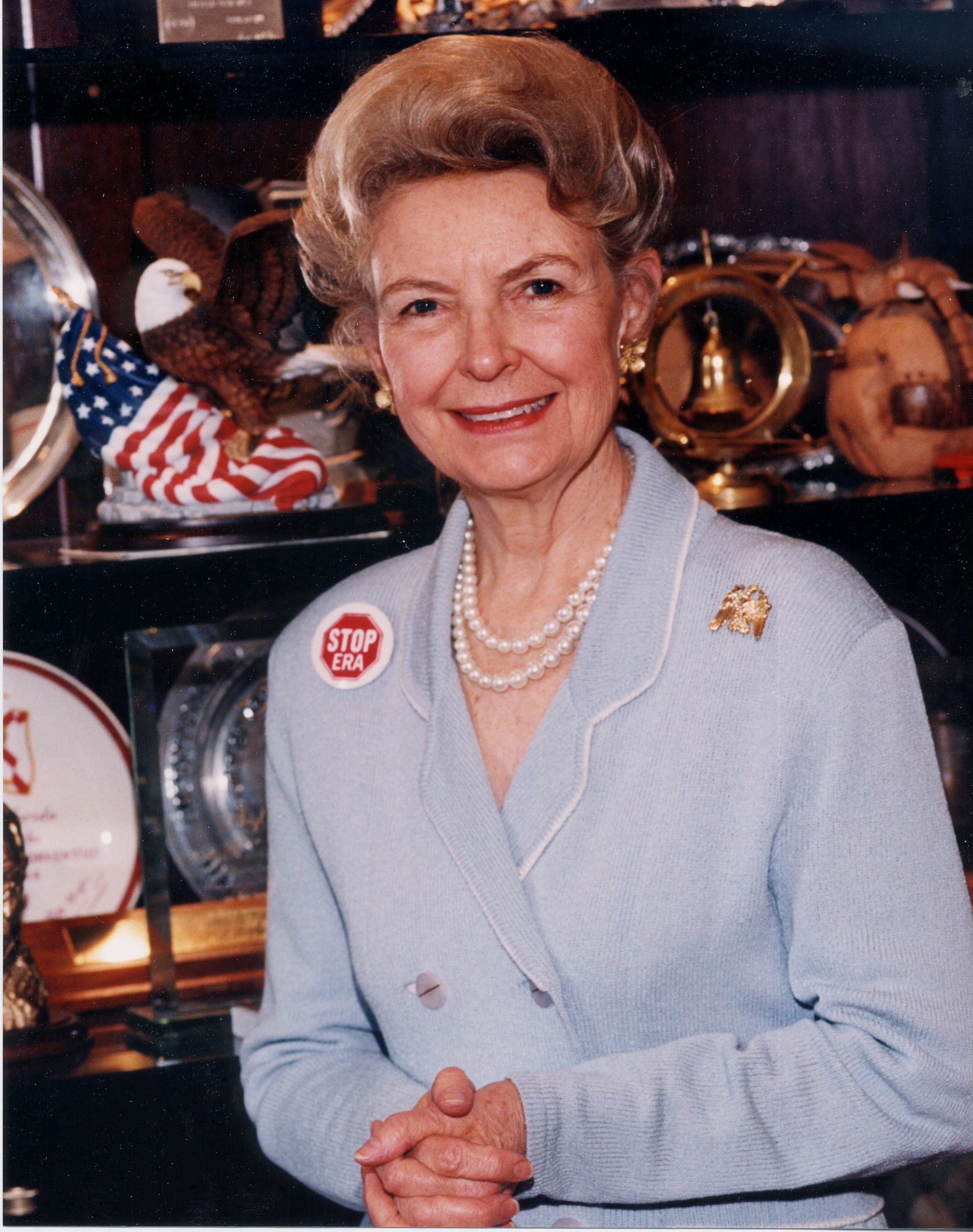 Phyllis Schlafly stands in her St. Louis office
