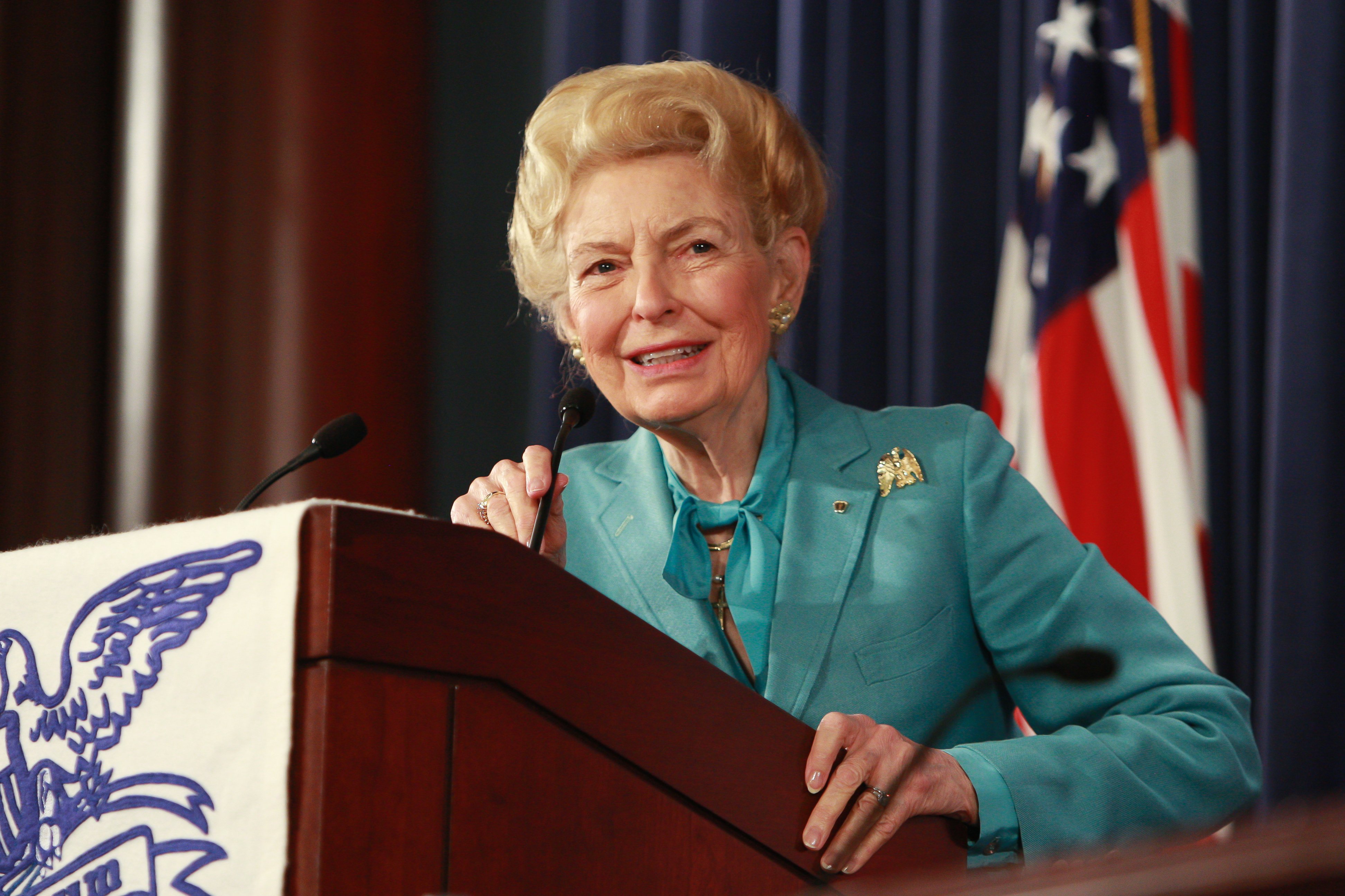 Phyllis Schlafly speaks from a podium