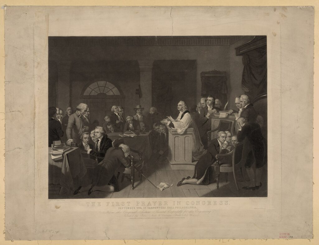 Historical illustration of the First Continental Congress gathered for prayer