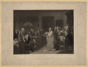 Historical illustration of the First Continental Congress gathered for prayer