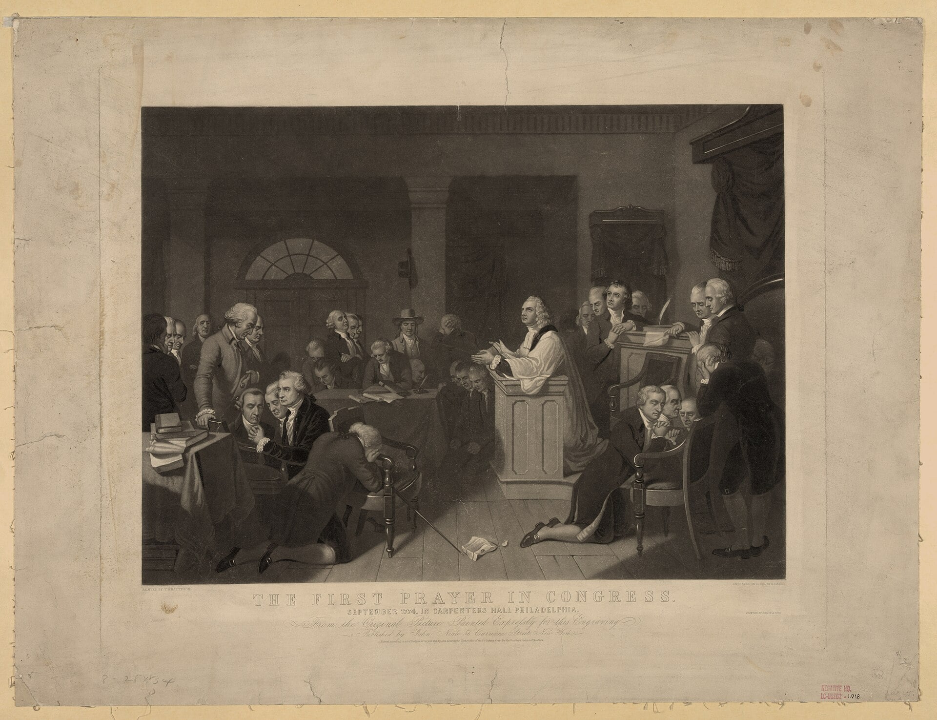 Historical illustration of the First Continental Congress gathered for prayer