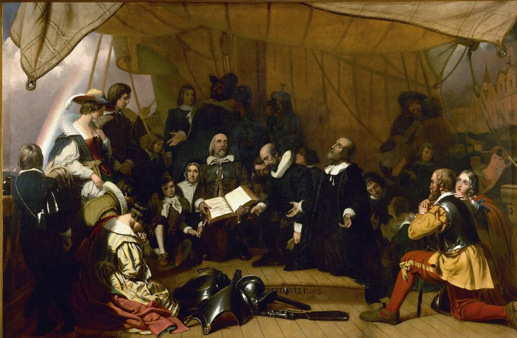 Pilgrim families preparing to embark on their voyage aboard the Mayflower