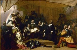 Pilgrim families preparing to embark on their voyage aboard the Mayflower