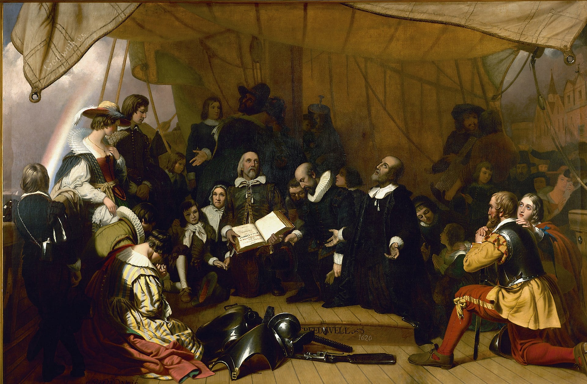 Pilgrim families preparing to embark on their voyage aboard the Mayflower
